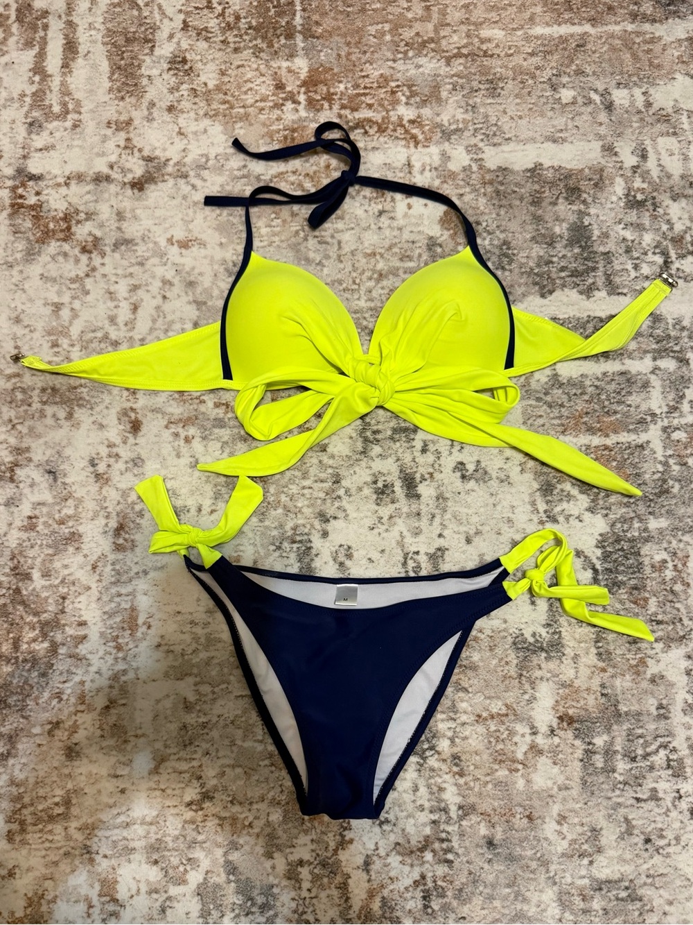 Neon Yellow and Navy Tie-Front Women's Bikini Set